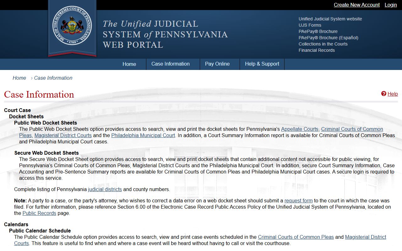 Carbon County court dockets UJS case information page