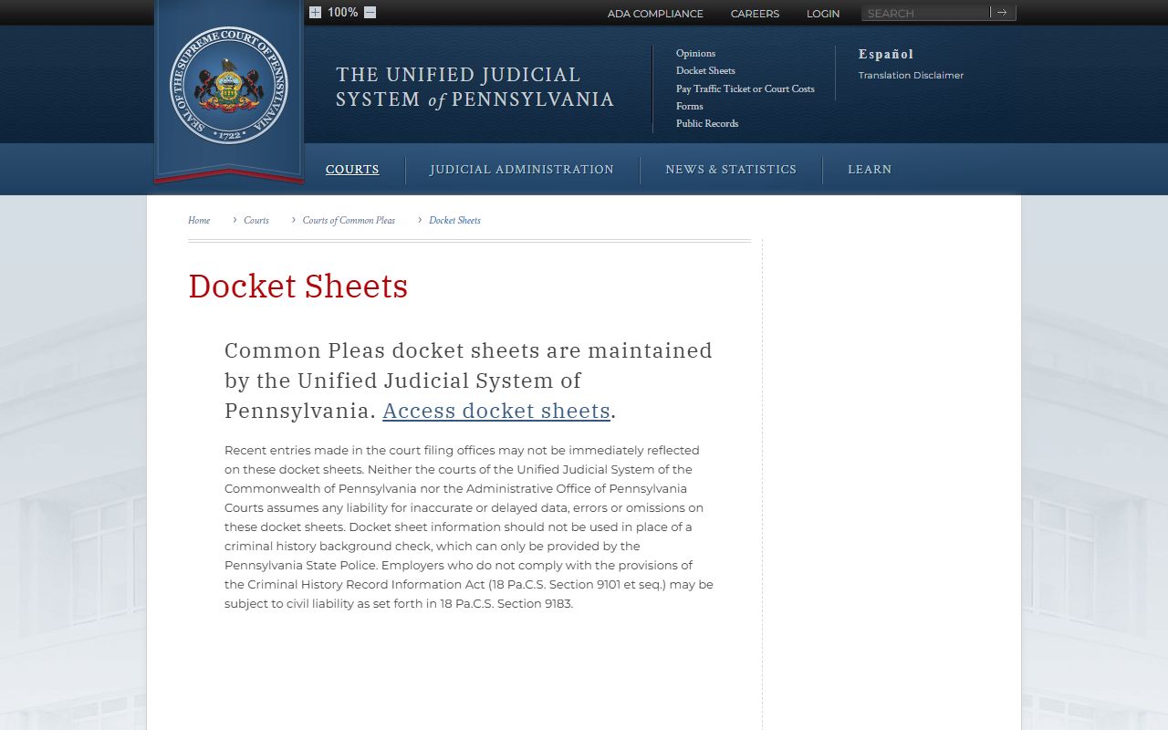 Carbon County court dockets UJS Common Pleas docket sheets page