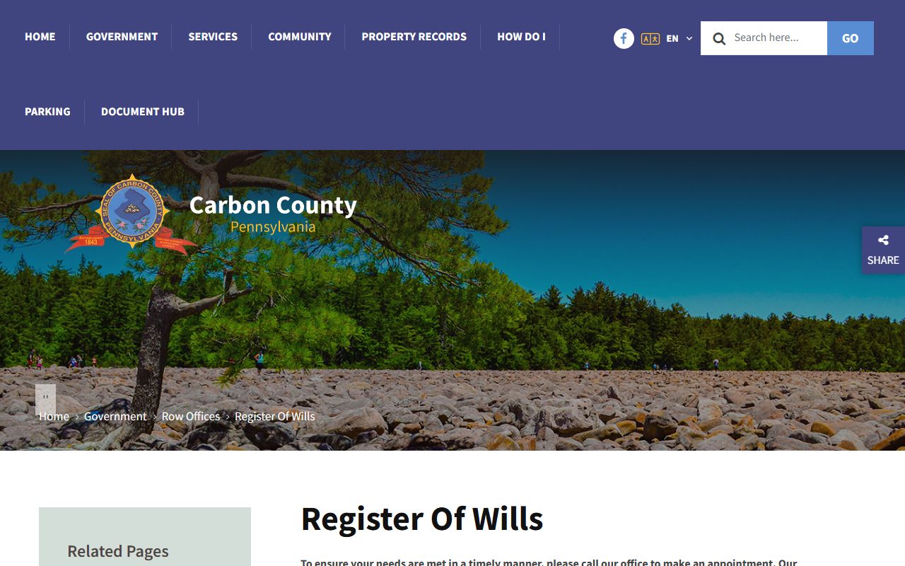 Carbon County court records Register of Wills and Orphans Court page