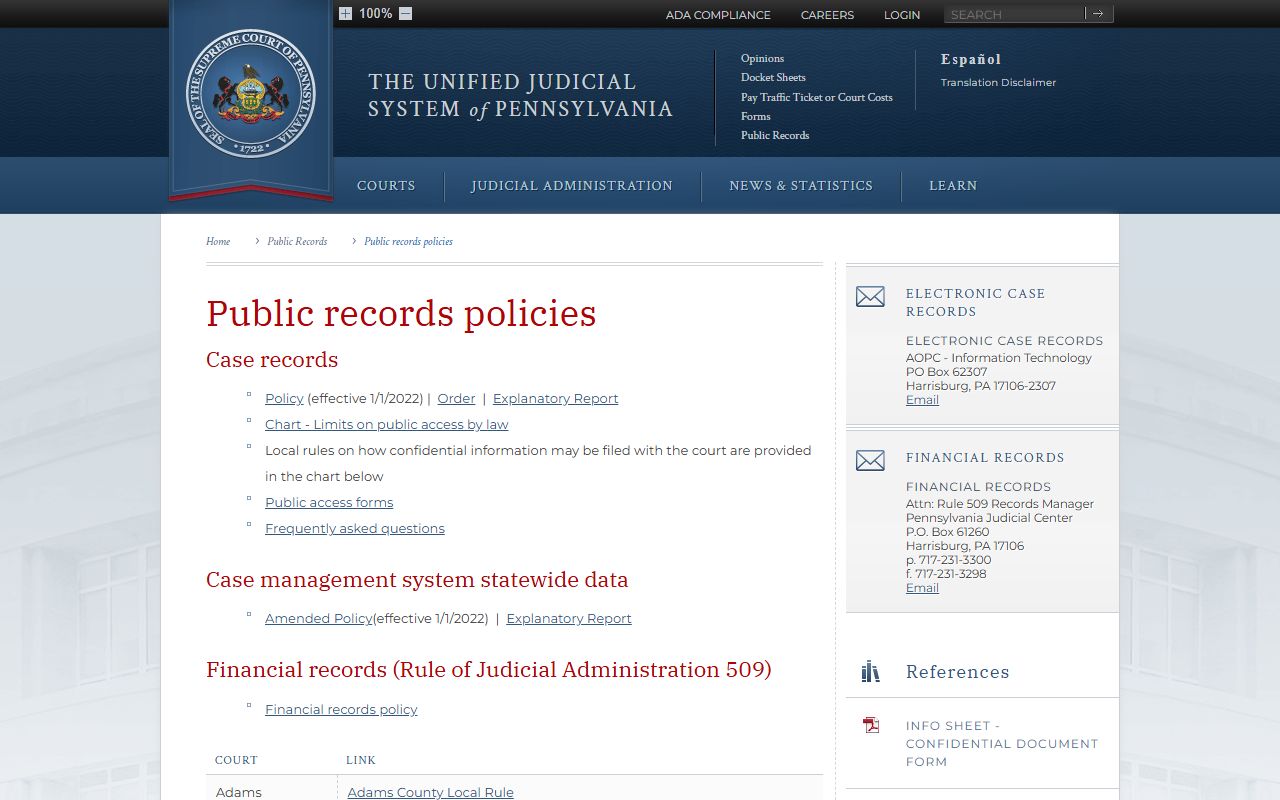 Carbon County Court of Common Pleas Pennsylvania public records policies