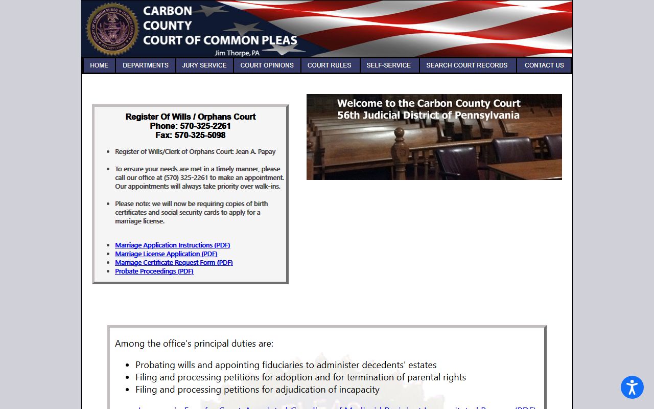 Carbon County marriage and probate court records Register of Wills page