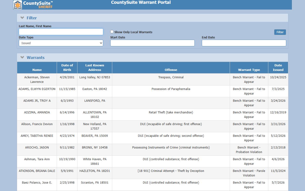 Carbon County warrant records active warrant portal